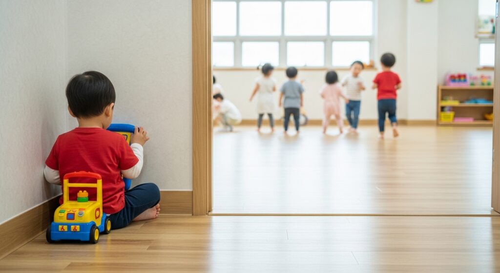 다른 아이들과 떨어져 혼자 있는 아이