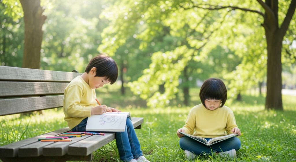 야외에서 혼자 시간을 보내는 아이
